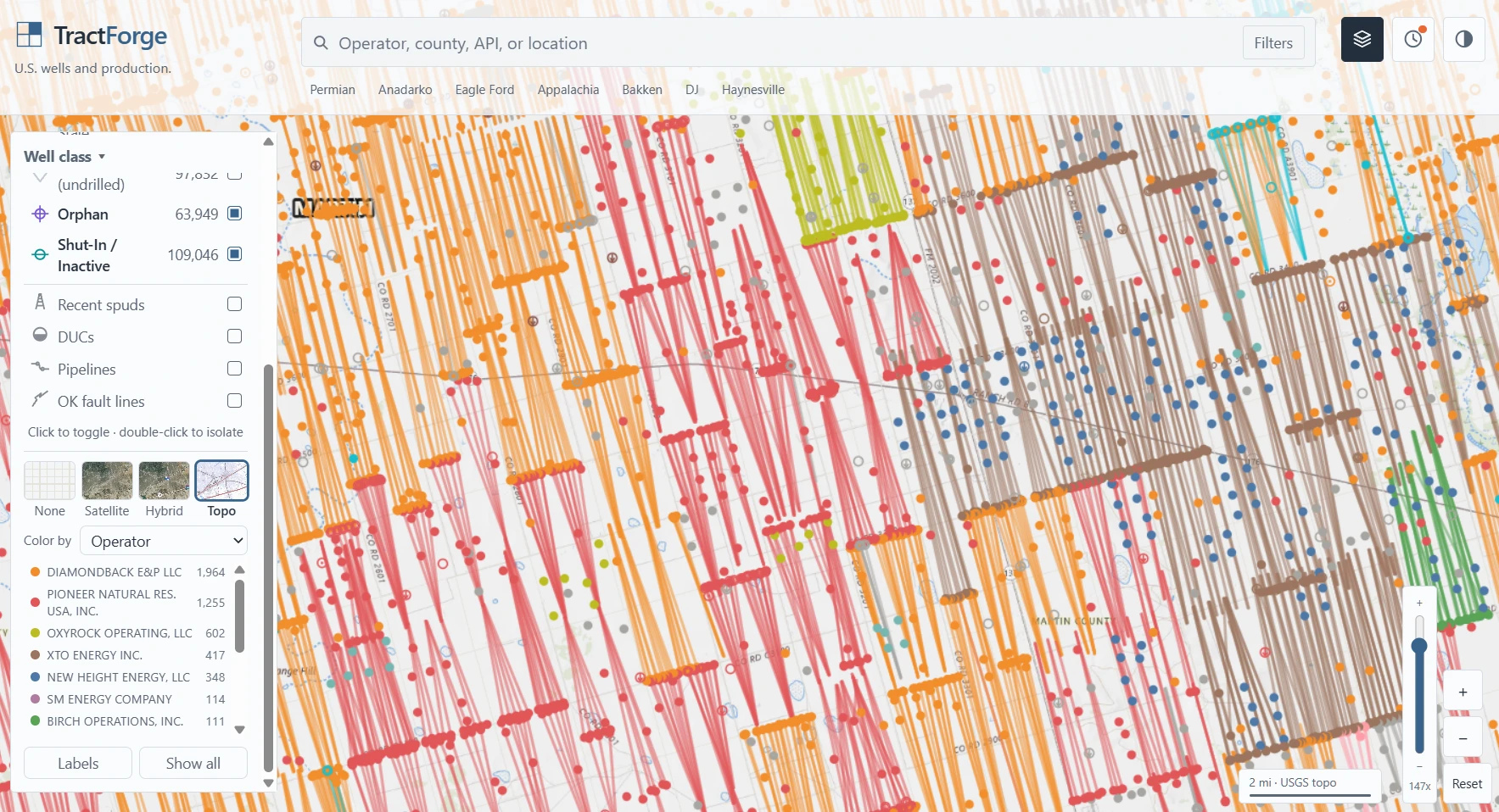 Wells in the Permian Basin coloured by operator, with horizontal laterals drawn as lines and a legend naming Diamondback, Pioneer, Oxyrock, XTO, New Height, SM Energy and Birch with well counts.